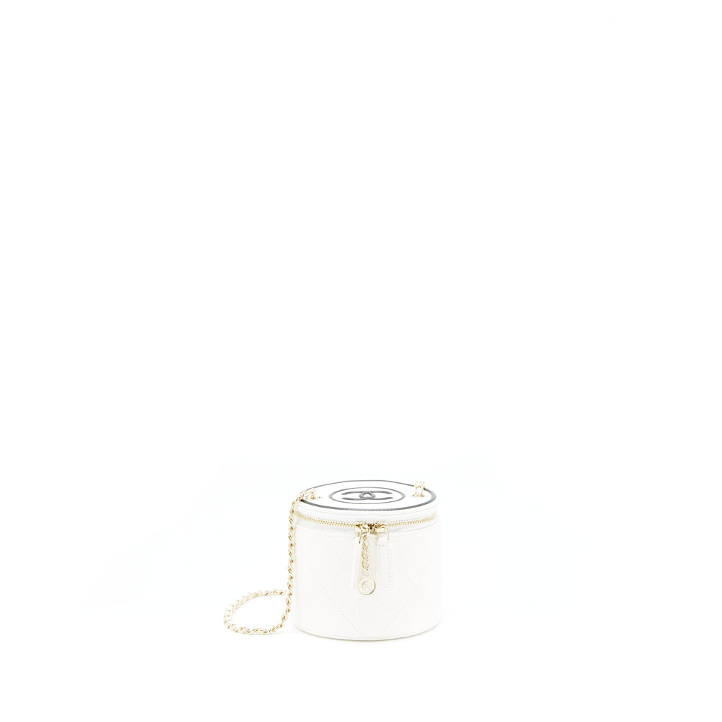 CHANEL ROUND VANITY WITH CHAIN WHITE/ BLACK WITH LGHW