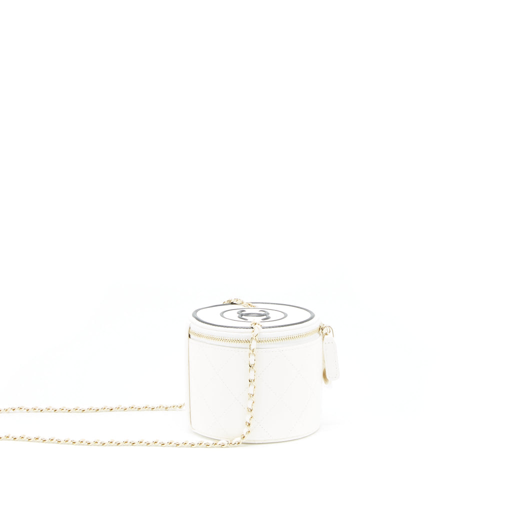CHANEL ROUND VANITY WITH CHAIN WHITE/ BLACK WITH LGHW