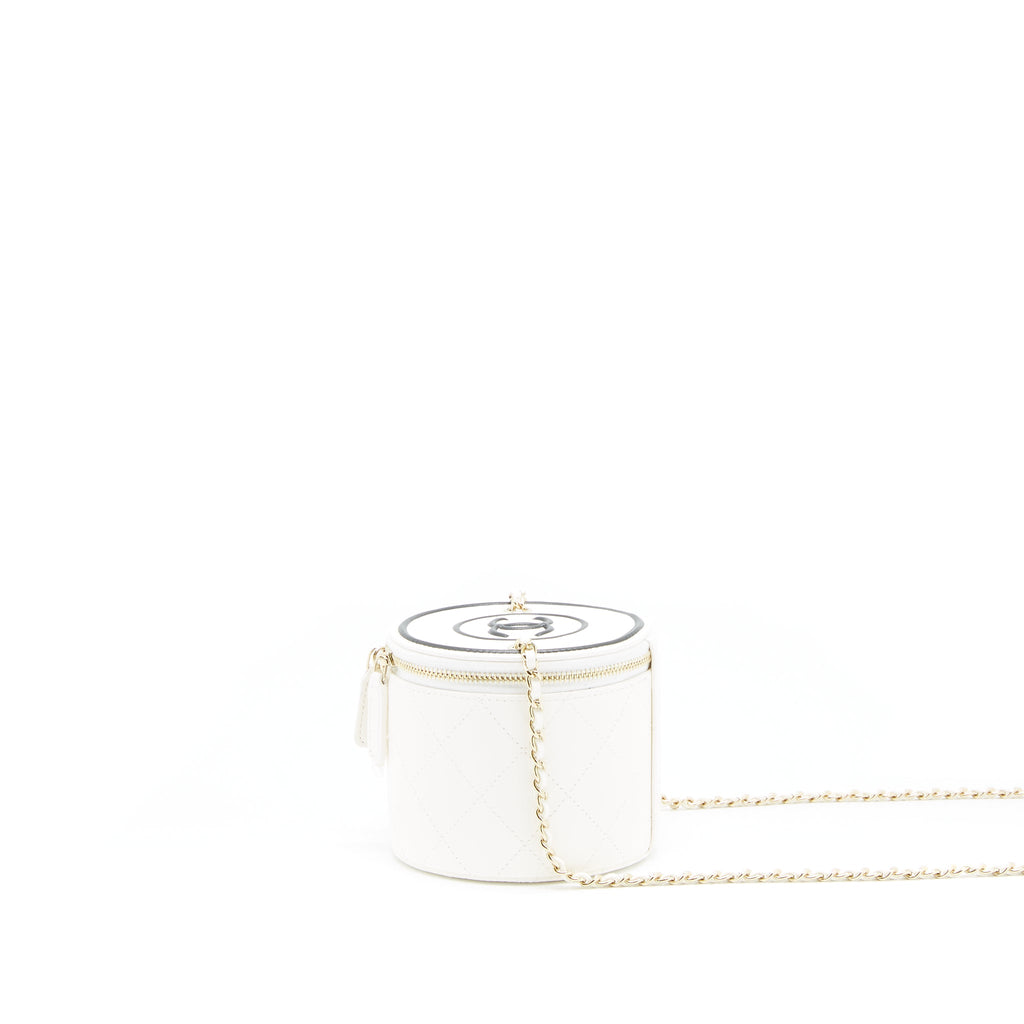CHANEL ROUND VANITY WITH CHAIN WHITE/ BLACK WITH LGHW