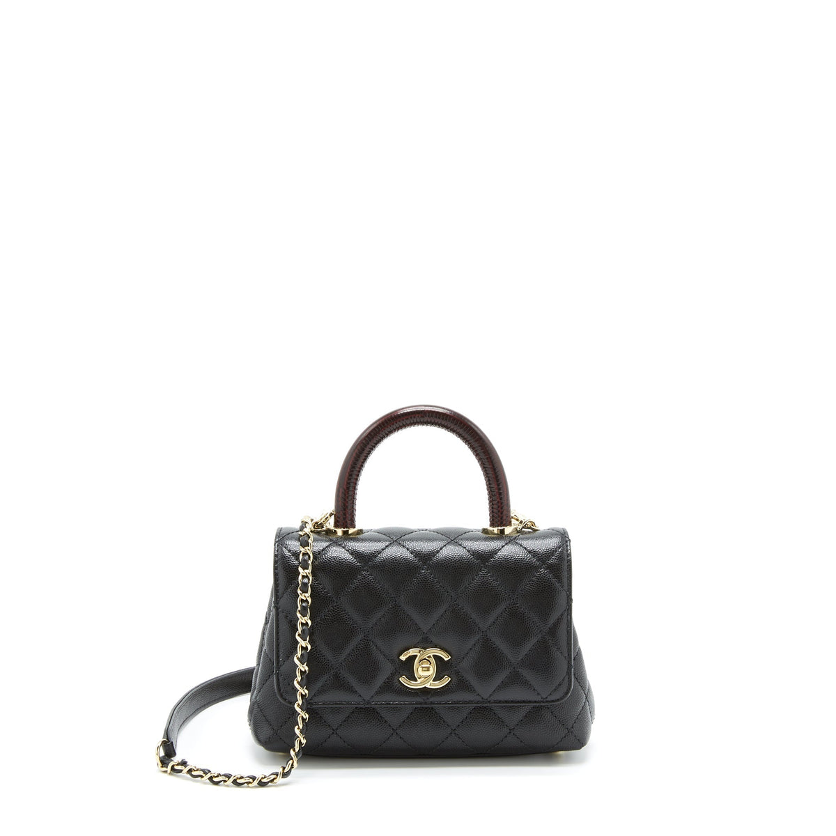 CHANEL MINI COCO HANDLE FLAP BAG CAVIAR BLACK WITH BURGUNDY HANDLE LGHW