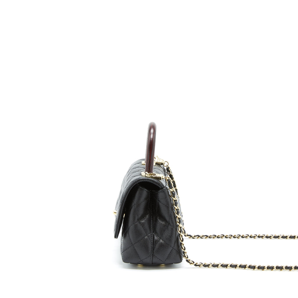 CHANEL MINI COCO HANDLE FLAP BAG CAVIAR BLACK WITH BURGUNDY HANDLE LGHW