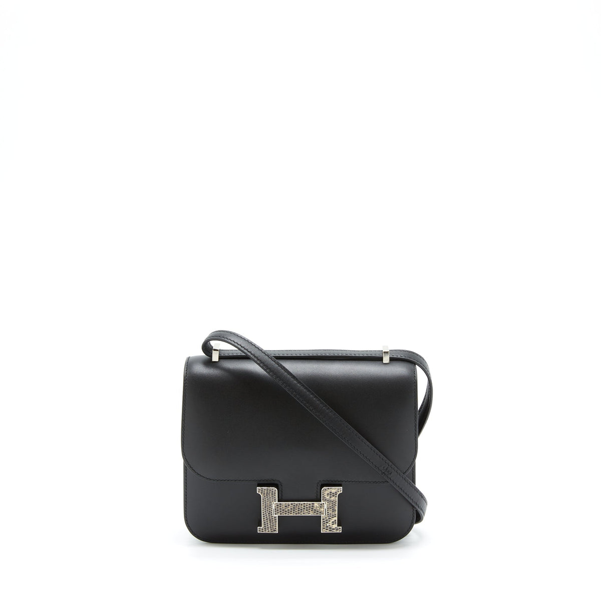HERMES MINI CONSTANCE MONSIEUR BLACK WITH LIZARD BUCKLE SHW