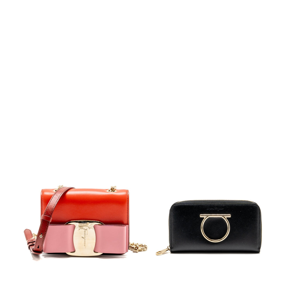 Salvatore Ferragamo Vara Bow Bag Red/Pink and Oversize Gancini Wallet Black Calfskin GHW (Sell in Set)
