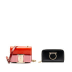 Salvatore Ferragamo Vara Bow Bag Red/Pink and Oversize Gancini Wallet Black Calfskin GHW (Sell in Set)
