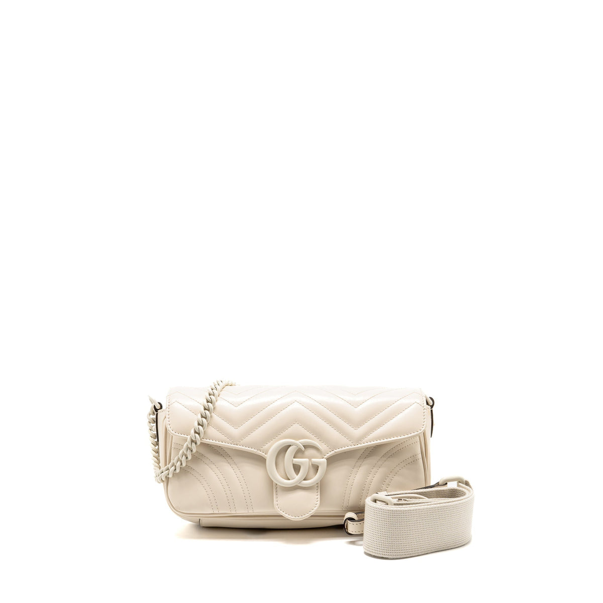 GUCCI MEDIUM GG MARMONT SHOULDER BAG WHITE MATELASSE CHEVRON LEATHER WITH WHITE HARDWARE