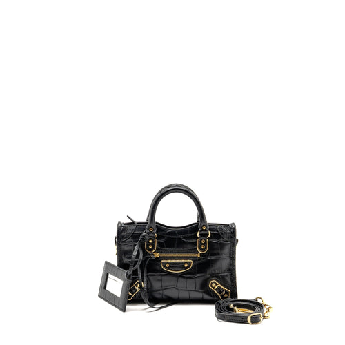 Balenciaga Nano city bag croc-embossed calfskin black GHW