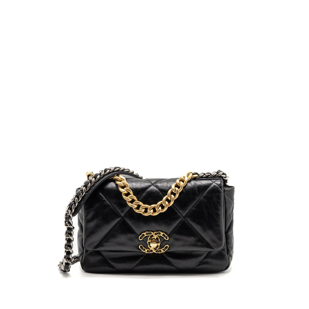 CHANEL SMALL 19 BAG SHINY LAMBSKIN BLACK MULTICOLOUR HARDWARE