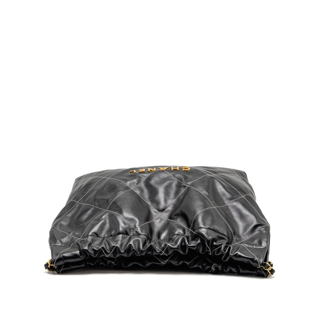 CHANEL MEDIUM 22 BAG WHITE STITCHING CALFSKIN BLACK GHW (MICROCHIP)
