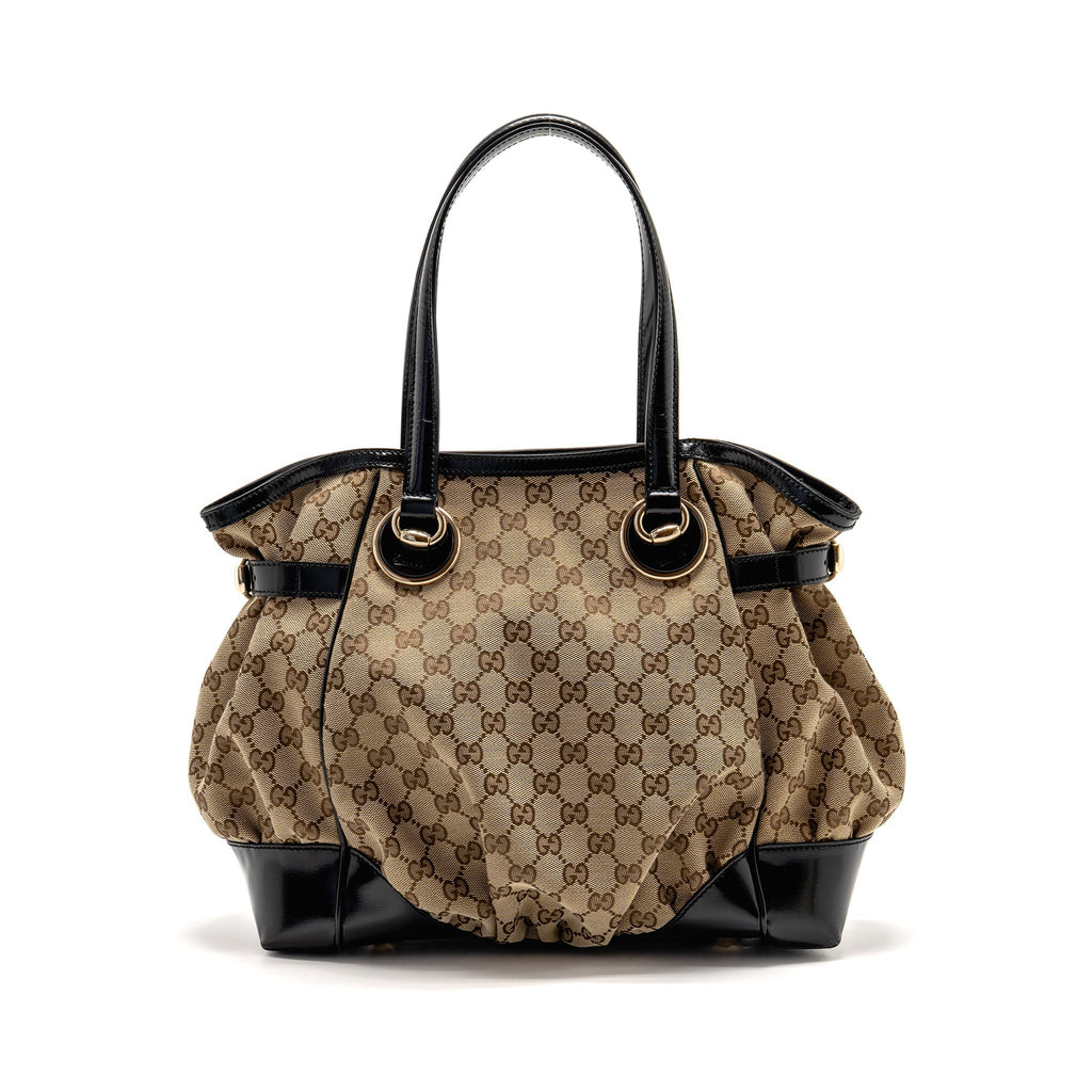 Gucci Vintage Full Moon Tote Bag GG Supreme Canvas/Patent Brown/Black GHW