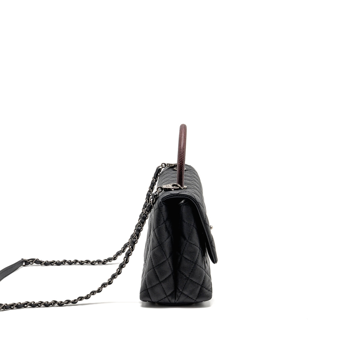 CHANEL MEDIUM COCO HANDLE FLAP BAG LIZARD EMBOSSED HANDLE CAVIAR BLACK RUTHENIUM HARDWARE