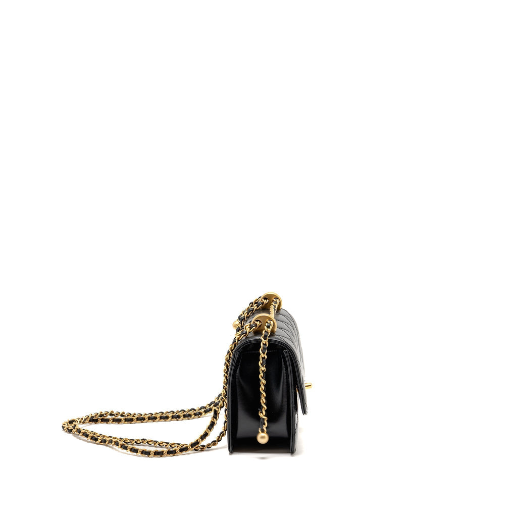 CHANEL GOLD CRUSH MINI FLAP BAG SHINY CALFSKIN BLACK GHW (MICROCHIP)