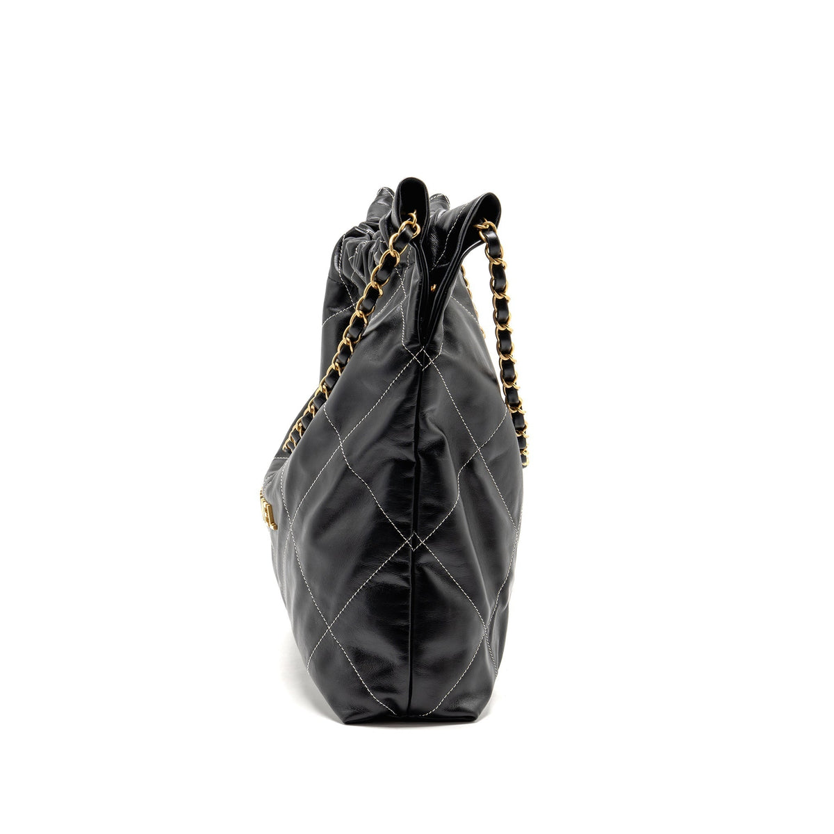 CHANEL MEDIUM 22 BAG WHITE STITCHING CALFSKIN BLACK GHW (MICROCHIP)