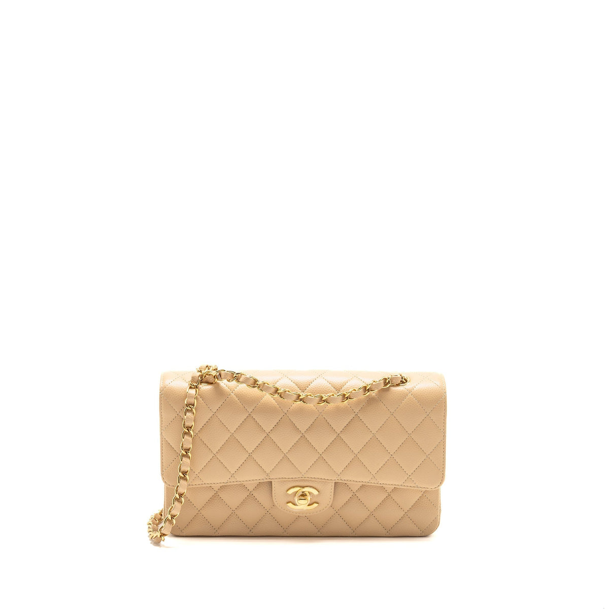 CHANEL MEDIUM CLASSIC DOUBLE FLAP BAG CAVIAR BEIGE GHW (MICROCHIP)