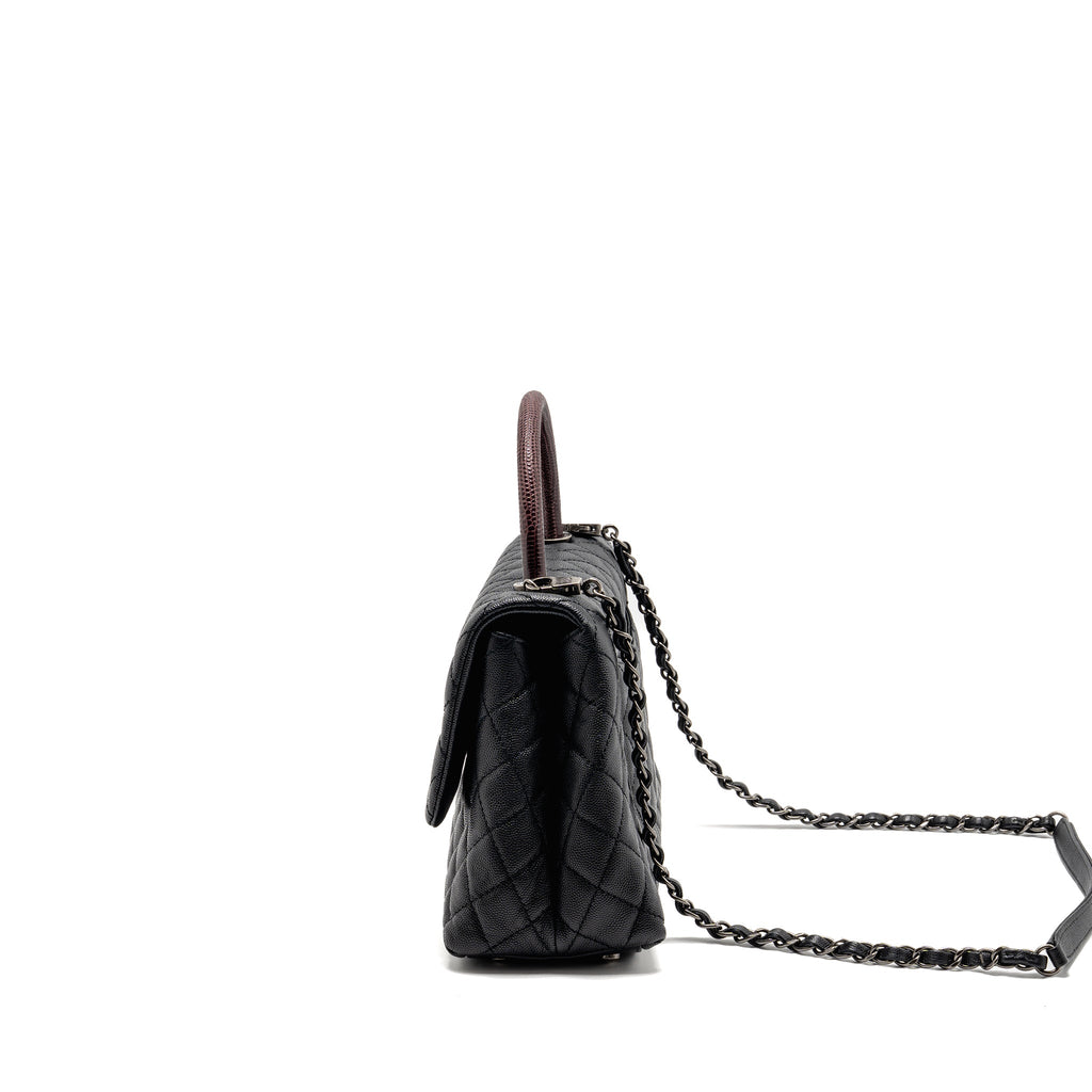 CHANEL MEDIUM COCO HANDLE FLAP BAG LIZARD EMBOSSED HANDLE CAVIAR BLACK RUTHENIUM HARDWARE