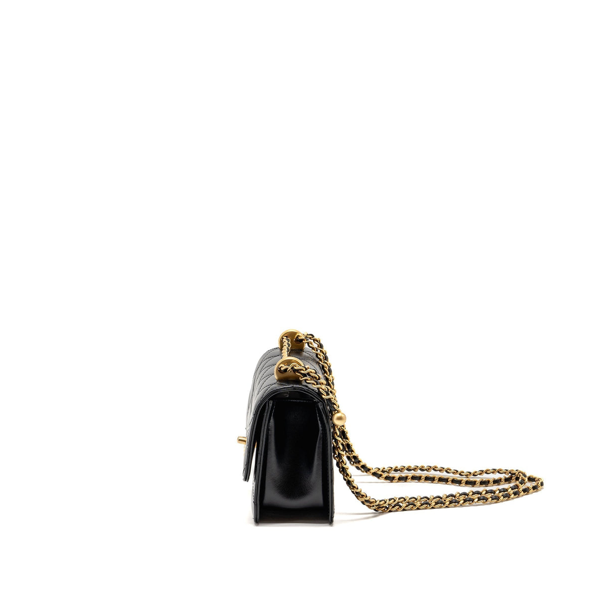 CHANEL GOLD CRUSH MINI FLAP BAG SHINY CALFSKIN BLACK GHW (MICROCHIP)