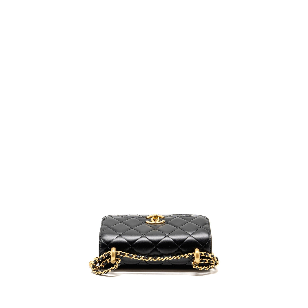 CHANEL GOLD CRUSH MINI FLAP BAG SHINY CALFSKIN BLACK GHW (MICROCHIP)
