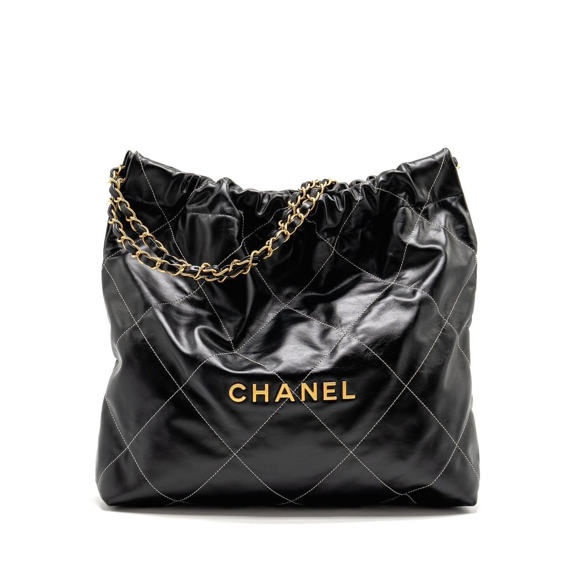 CHANEL MEDIUM 22 BAG WHITE STITCHING CALFSKIN BLACK GHW (MICROCHIP)