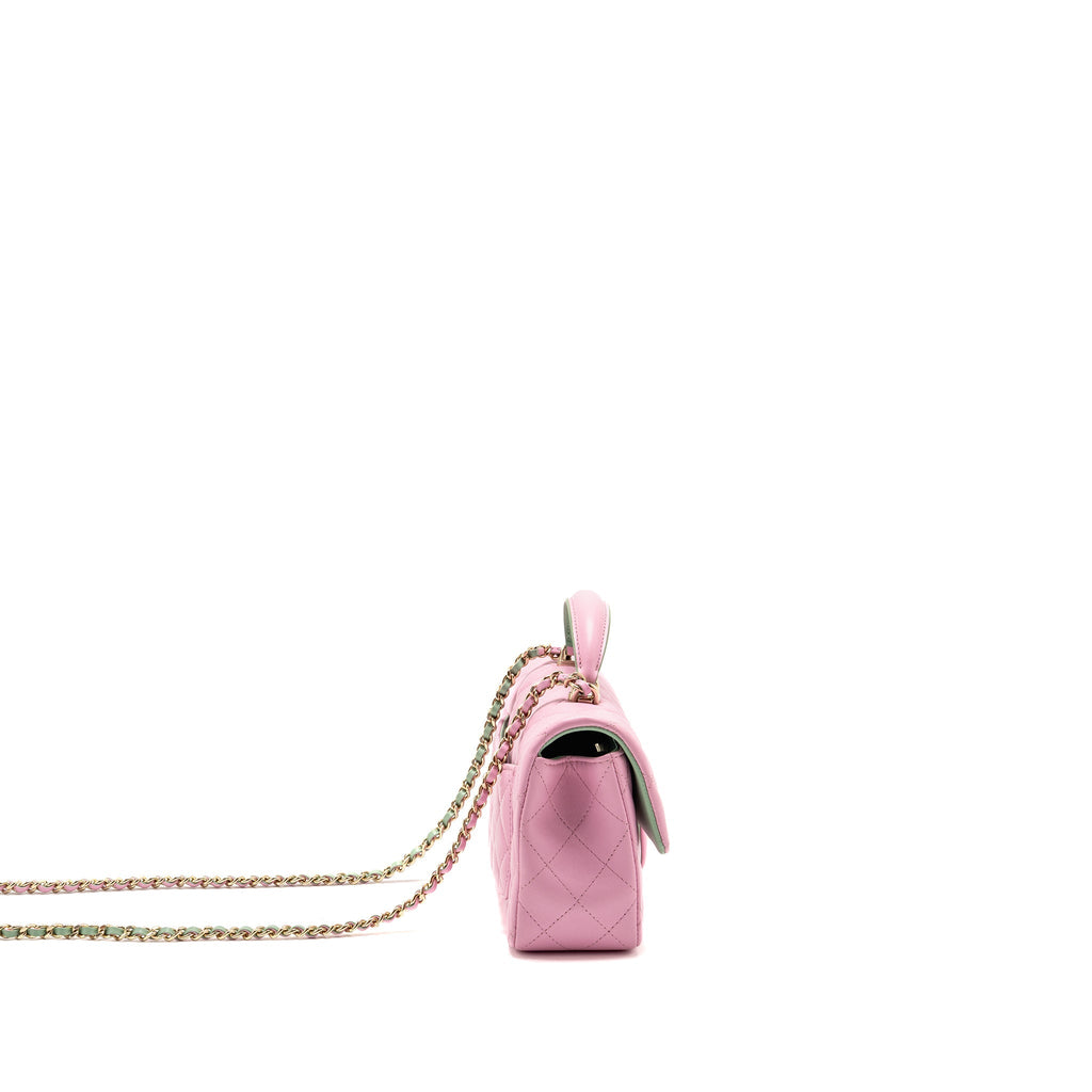 Chanel Top Handle Mini Rectangular Flap Bag Lambskin pink / Light Green LGHW (Microchip)