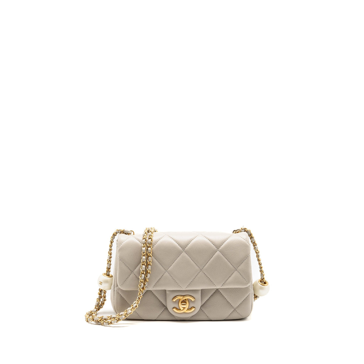 Chanel 24s pearl adjustable chain rectangular flap bag lambskin light grey GHW (microchip)