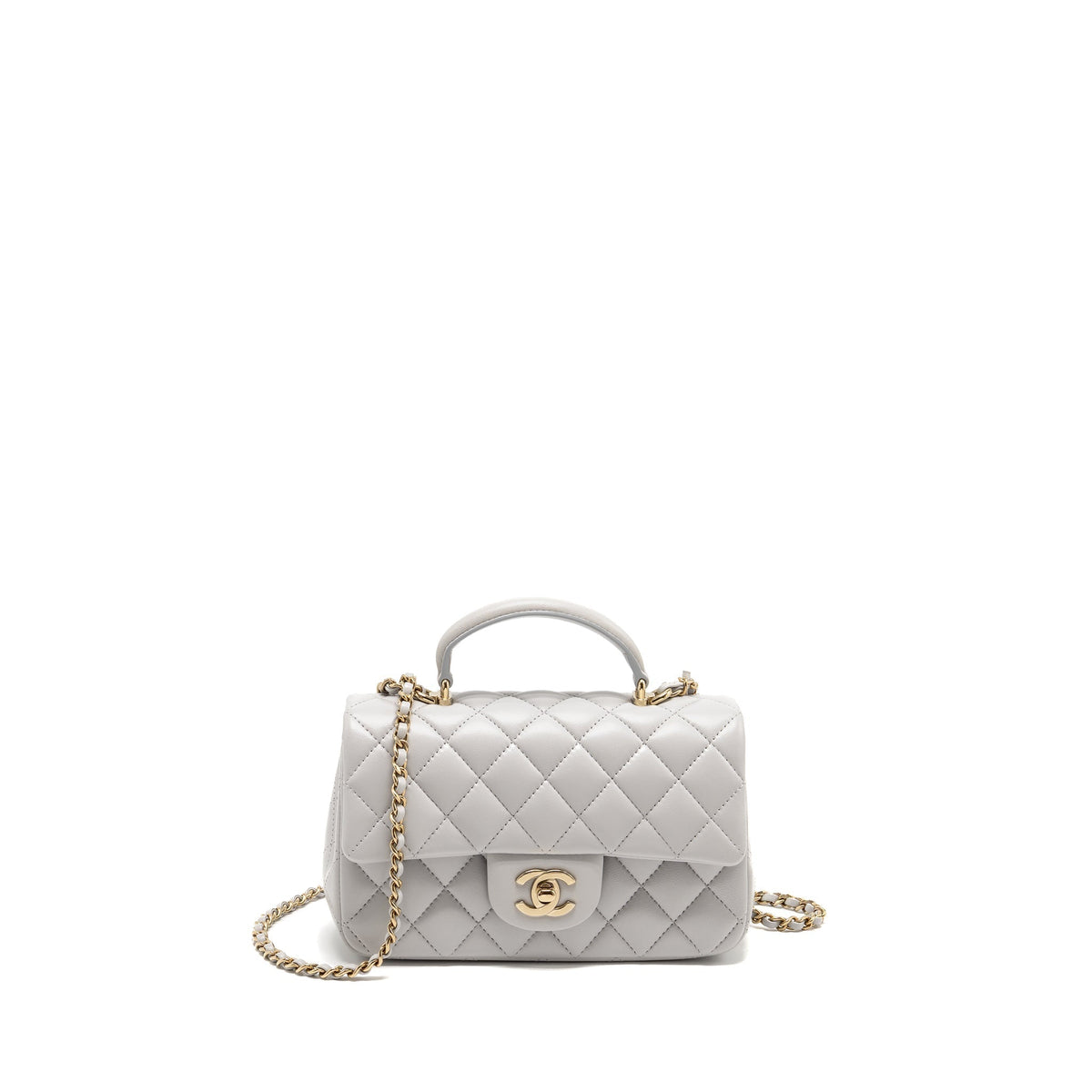 CHANEL TOP HANDLE MINI RECTANGULAR FLAP BAG LAMBSKIN LIGHT GREY LGHW (MICROCHIP)