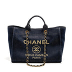 CHANEL LARGE DEAUVILLE TOTE SHOPPING BAG DENIM/LEATHER NAVY BLUE/GOLD GHW
