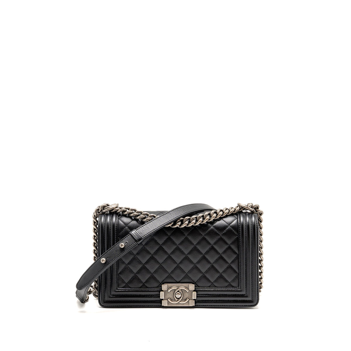 CHANEL MEDIUM BOY BAG CAVIAR BLACK RUTHENIUM SILVER HARDWARE