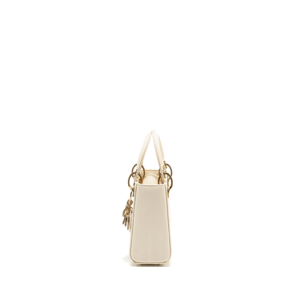 DIOR MINI LADY DIOR LIZARD WITH CRYSTAL WHITE LGHW