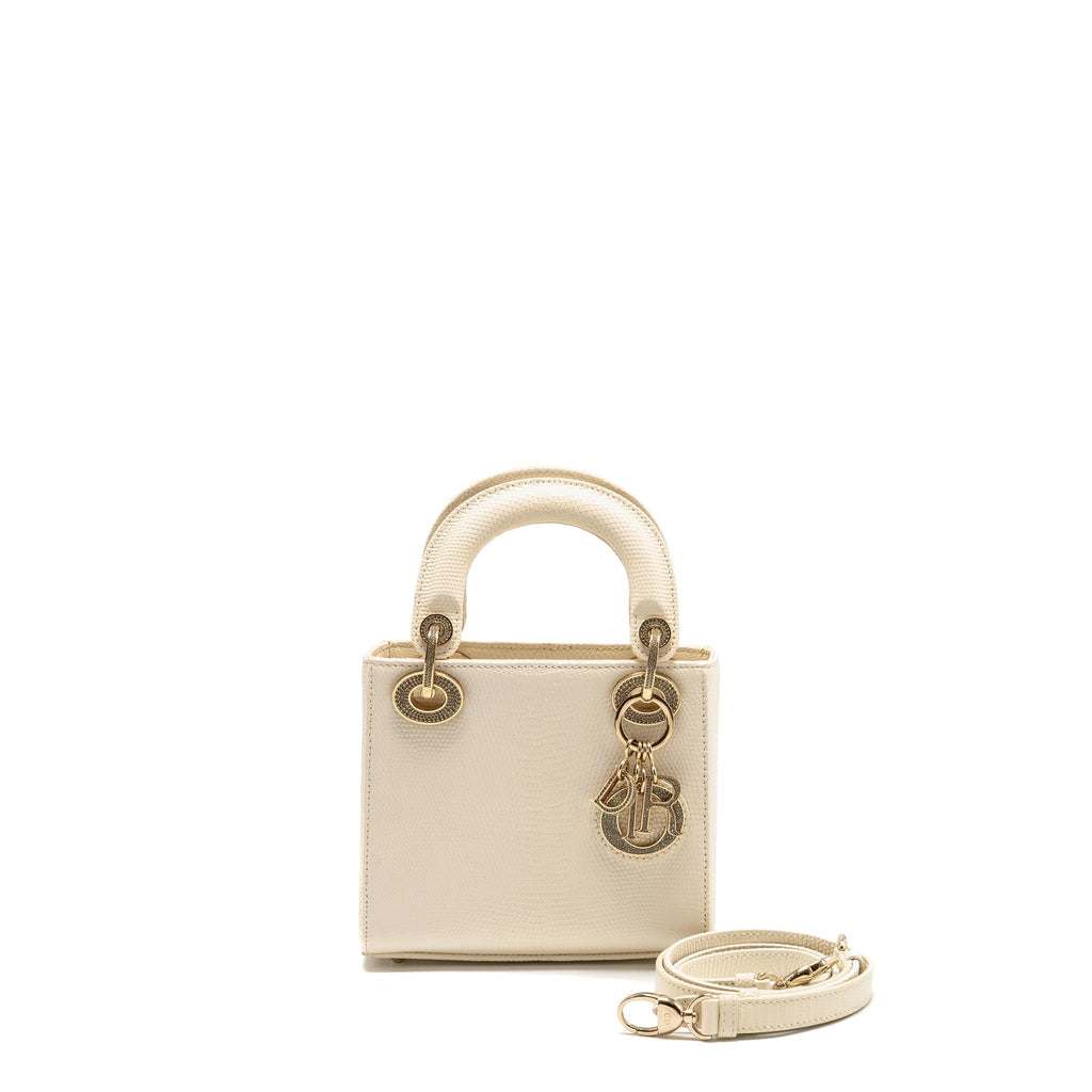 DIOR MINI LADY DIOR LIZARD WITH CRYSTAL WHITE LGHW