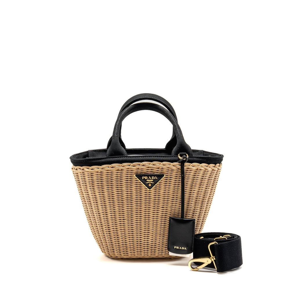 Prada Wicker Shopping Bag Canvas/Woven Tan/Black GHW