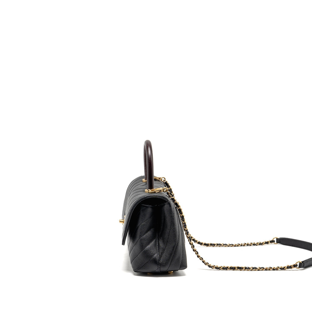 CHANEL SMALL COCO HANDLE WITH LIZARD EMBOSSED HANDLE CHEVRON CAVIAR BLACK GHW