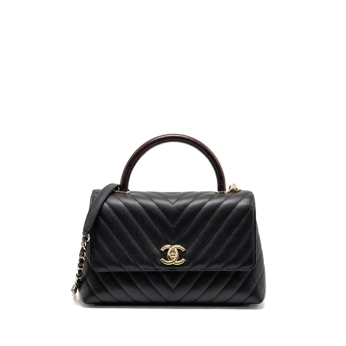 CHANEL MEDIUM CHEVRON COCO HANDLE CAVIAR BLACK / BURGUNDY HANDLE LGHW