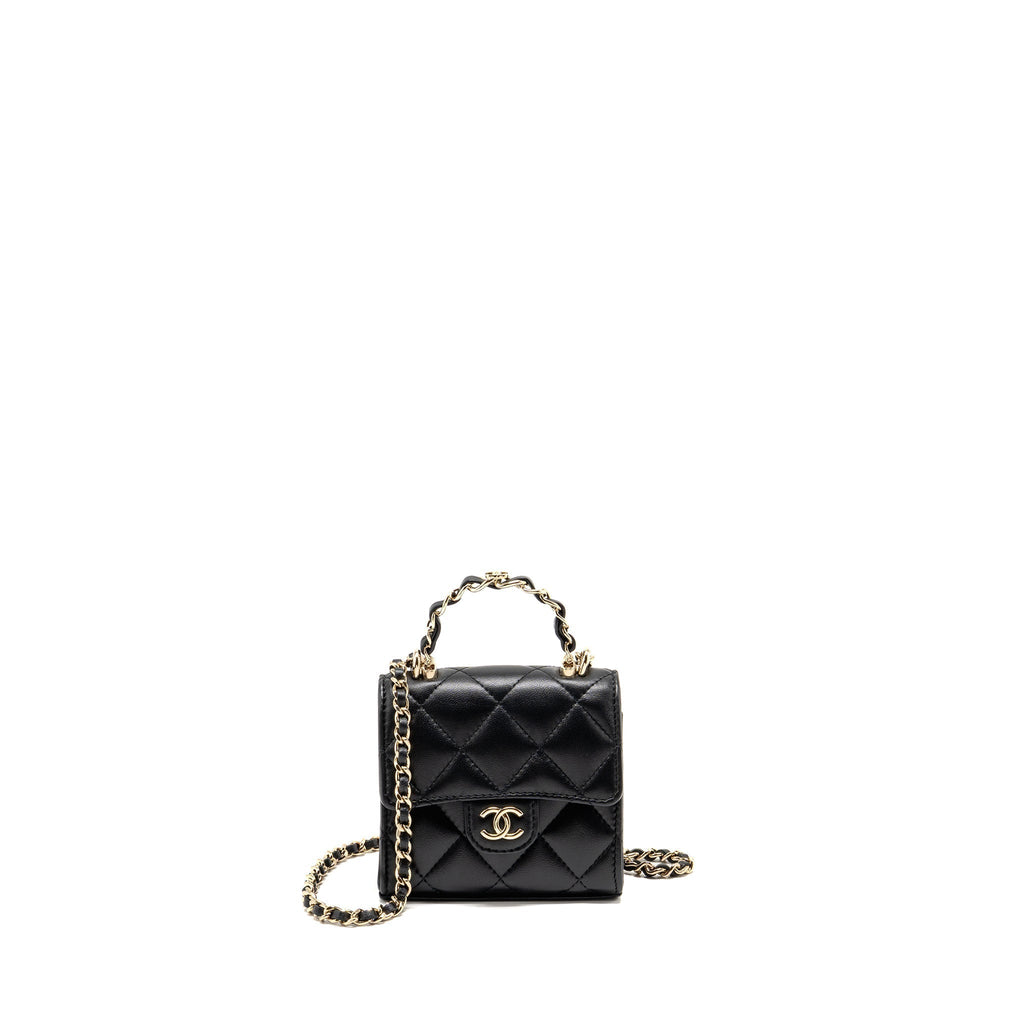 CHANEL DETAILED TOP HANDLE MINI CLUTCH WITH CHAIN LAMBSKIN BLACK LGHW (MICROCHIP)