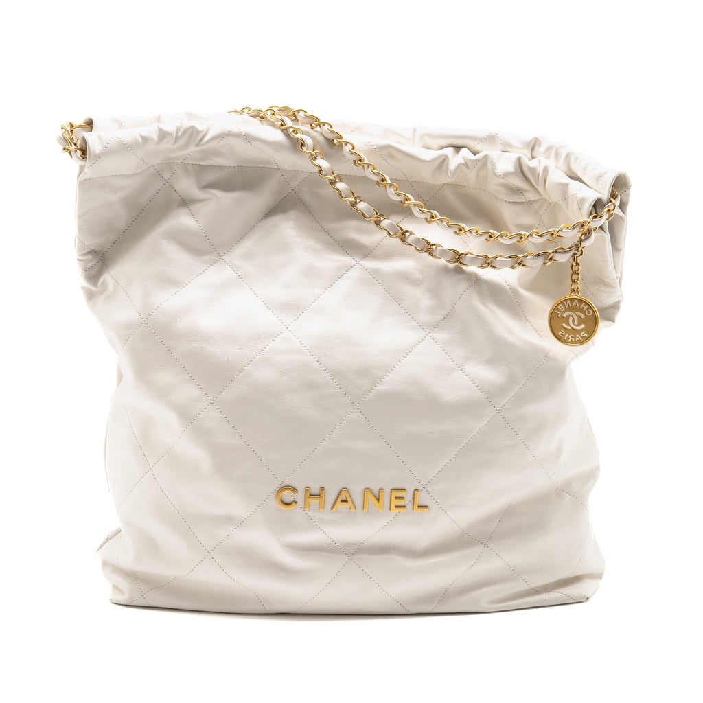 CHANEL LARGE 22 BAG SHINY CALFSKIN WHITE GHW (MICROCHIP)