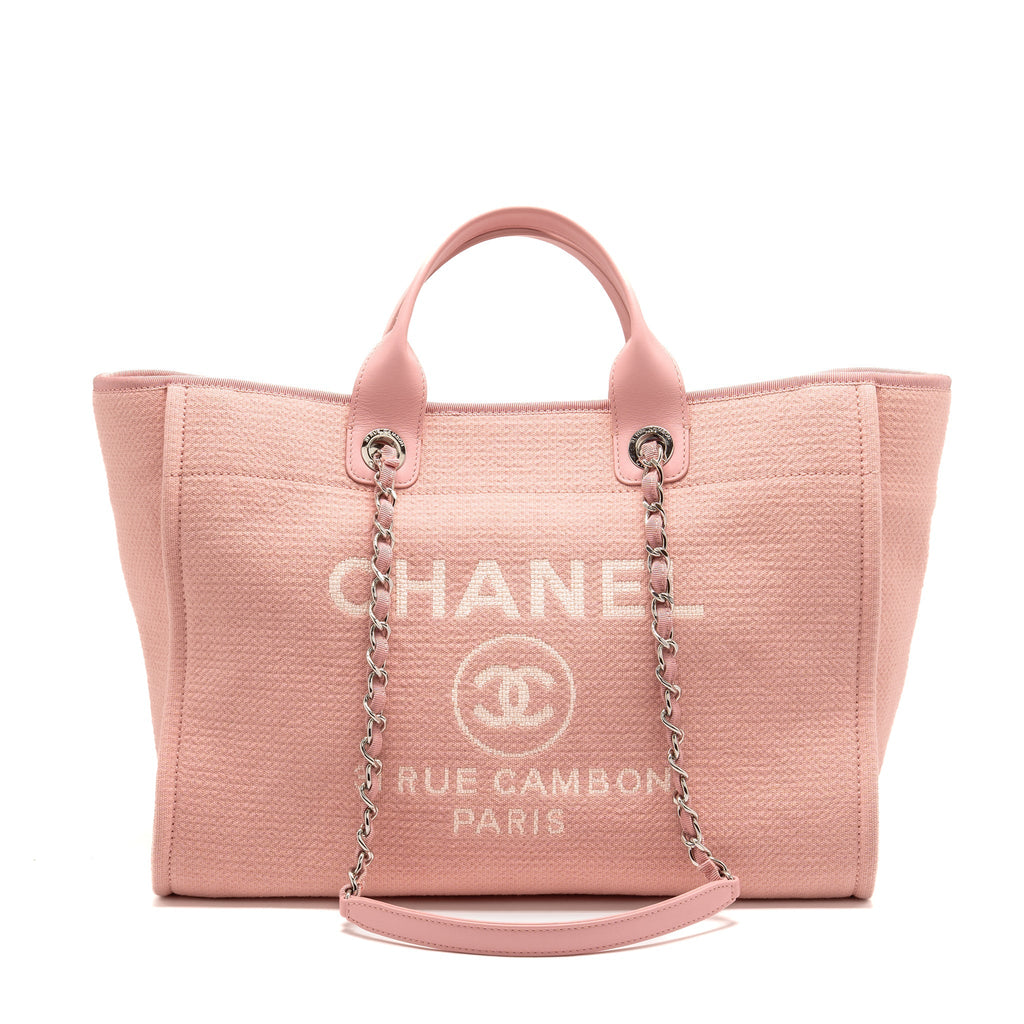 CHANEL DEAUVILLE TOTE BAG CANVAS/LEATHER PINK/WHITE SHW (MICROCHIP)
