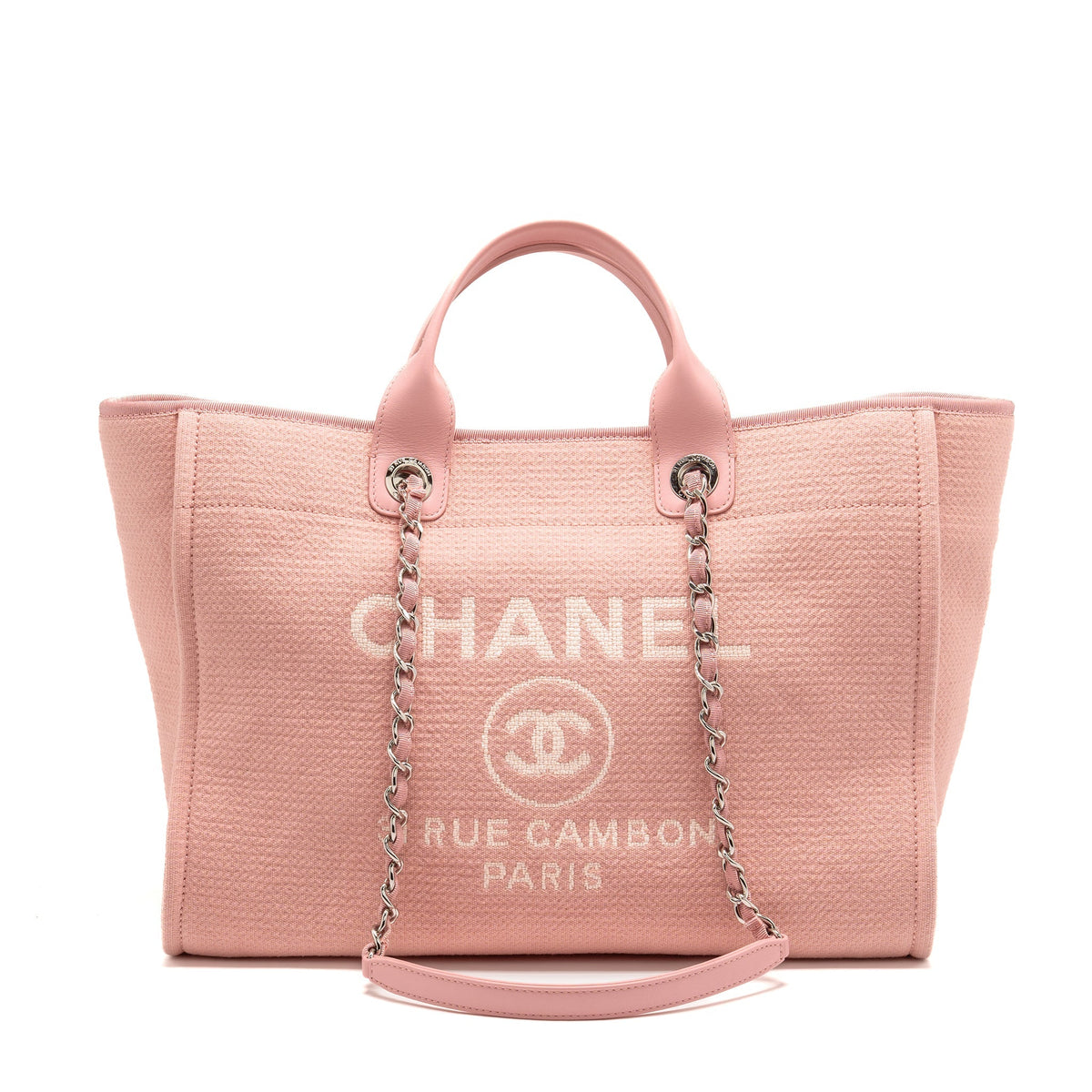 CHANEL DEAUVILLE TOTE BAG CANVAS/LEATHER PINK/WHITE SHW (MICROCHIP)