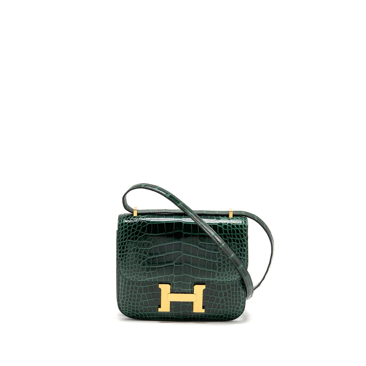 HERMES MINI CONSTANCE SHINY ALLIGATOR MISSISSIPPIENSIS VERT FONCE GHW