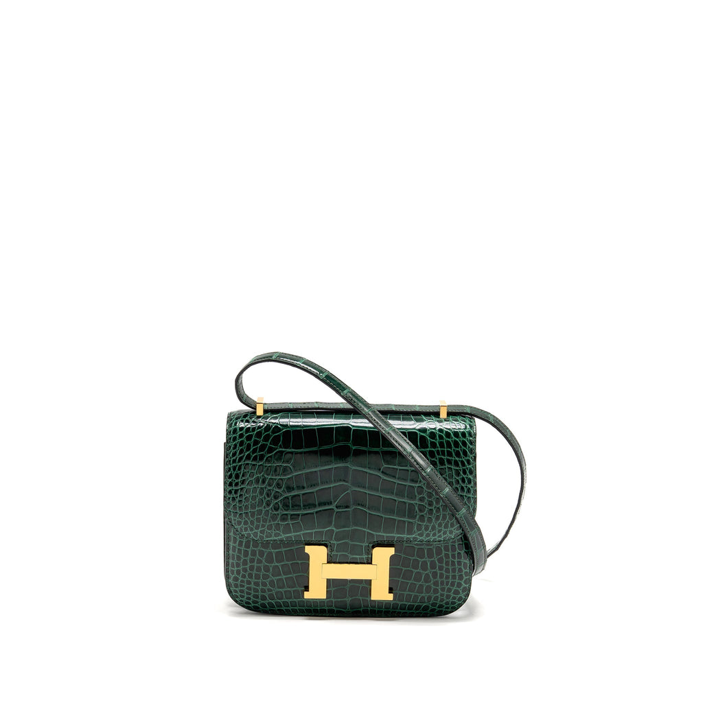 Hermes mini constance shiny alligator mississippiensis vert fonce GHW