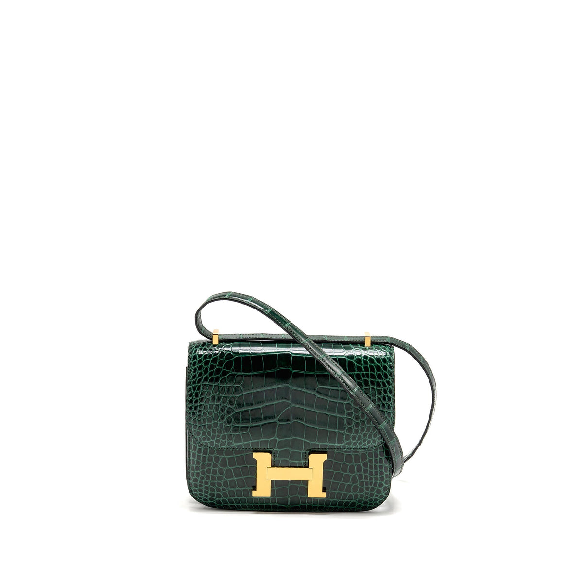 Hermes mini constance shiny alligator mississippiensis vert fonce GHW