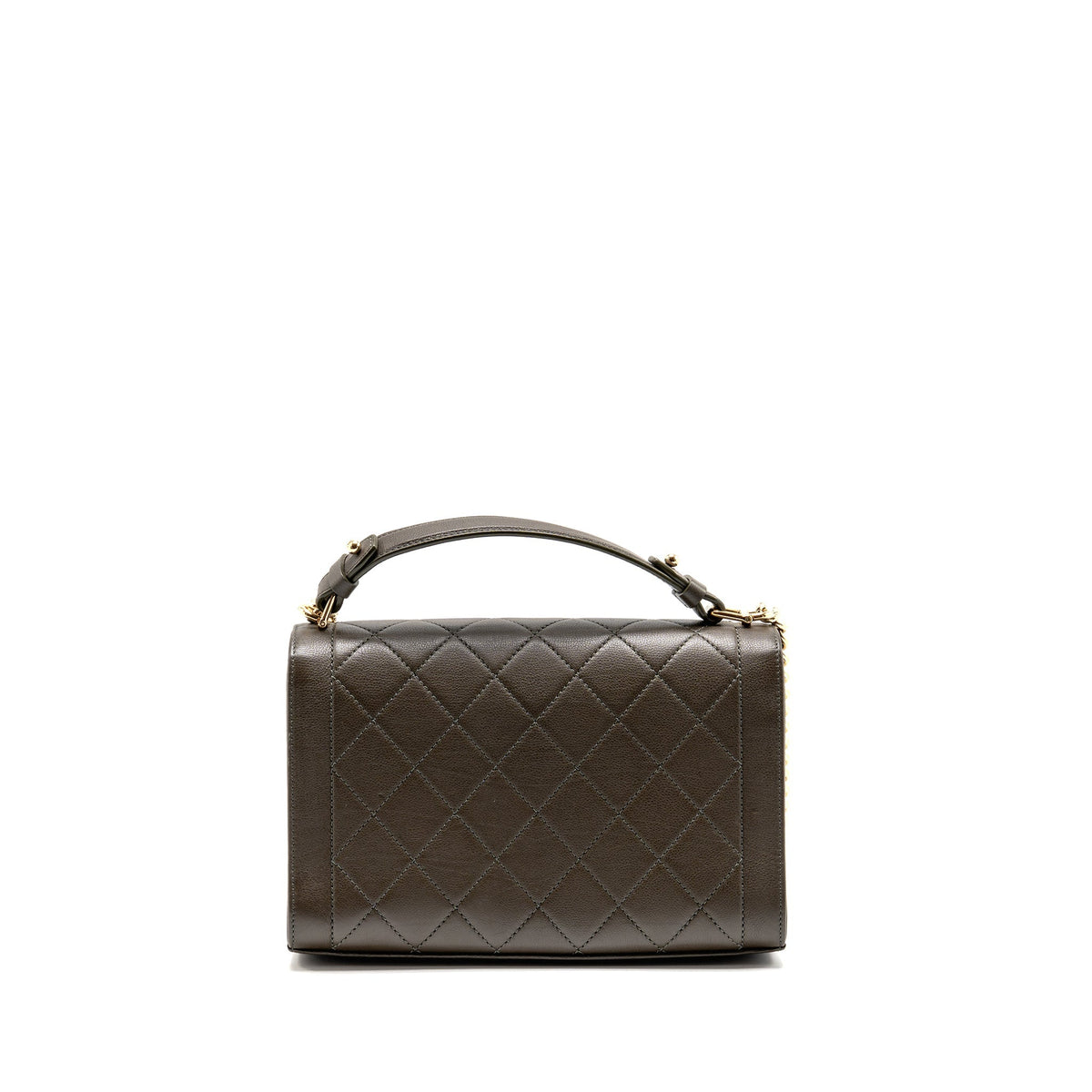 Chanel Top Handle Label Click Flap Bag Grained Calfskin Khaki LGHW