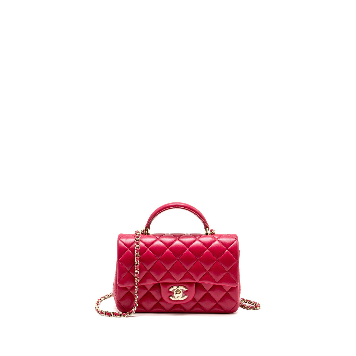 Chanel top handle mini rectangular flap bag lambskin hot pink LGHW (microchip)