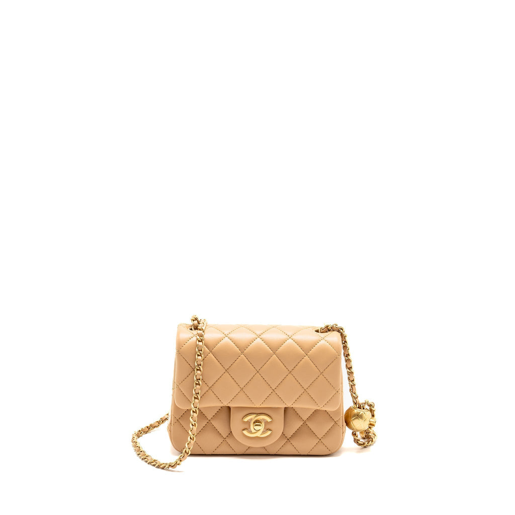 CHANEL PEARL CRUSH MINI SQUARE FLAP BAG LAMBSKIN BEIGE GHW (MICROCHIP)