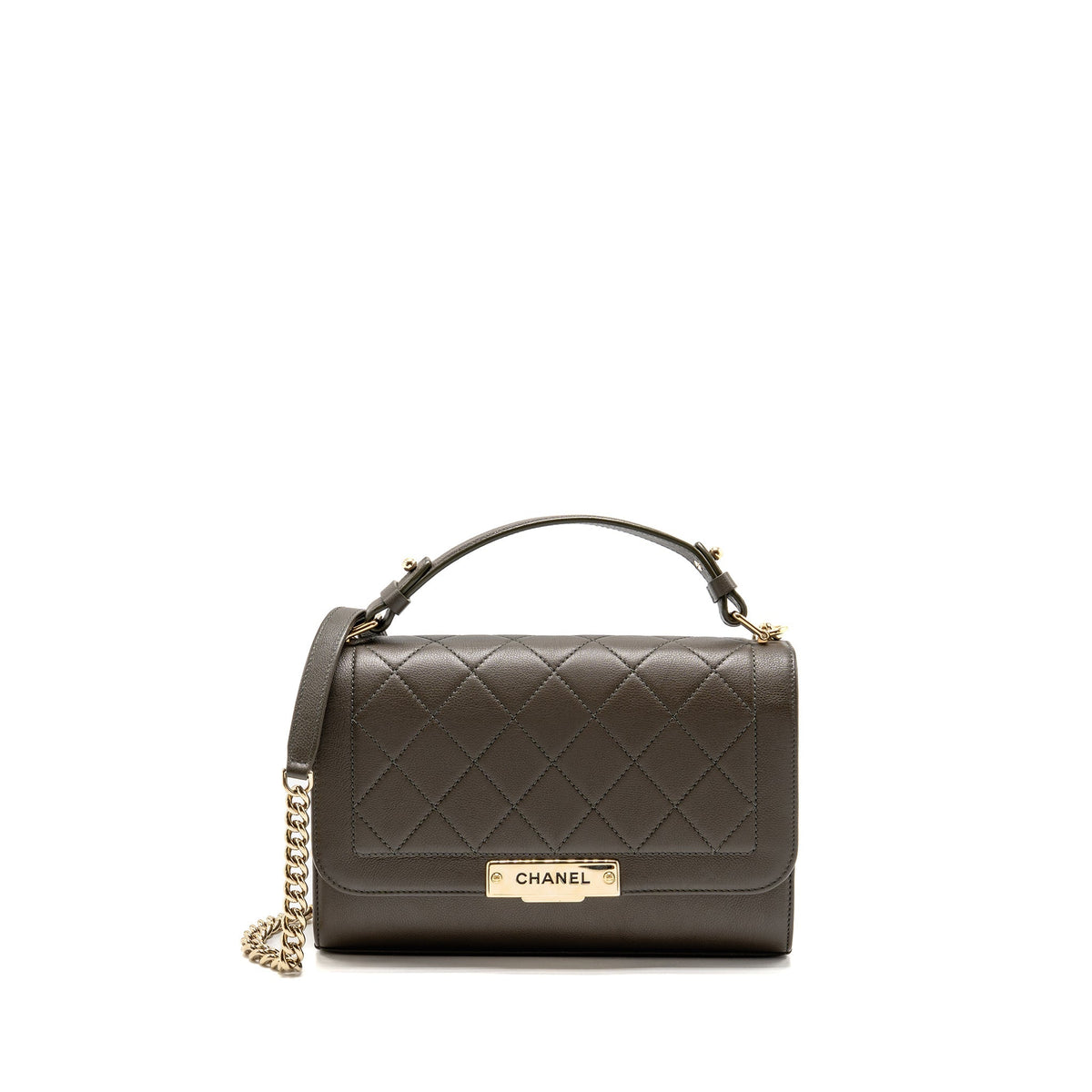 Chanel Top Handle Label Click Flap Bag Grained Calfskin Khaki LGHW