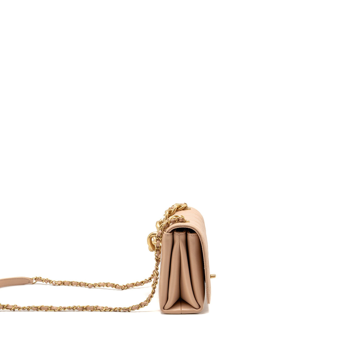 Chanel Pearl Chain Flap Bag Calfskin Beige GHW (Microchip)
