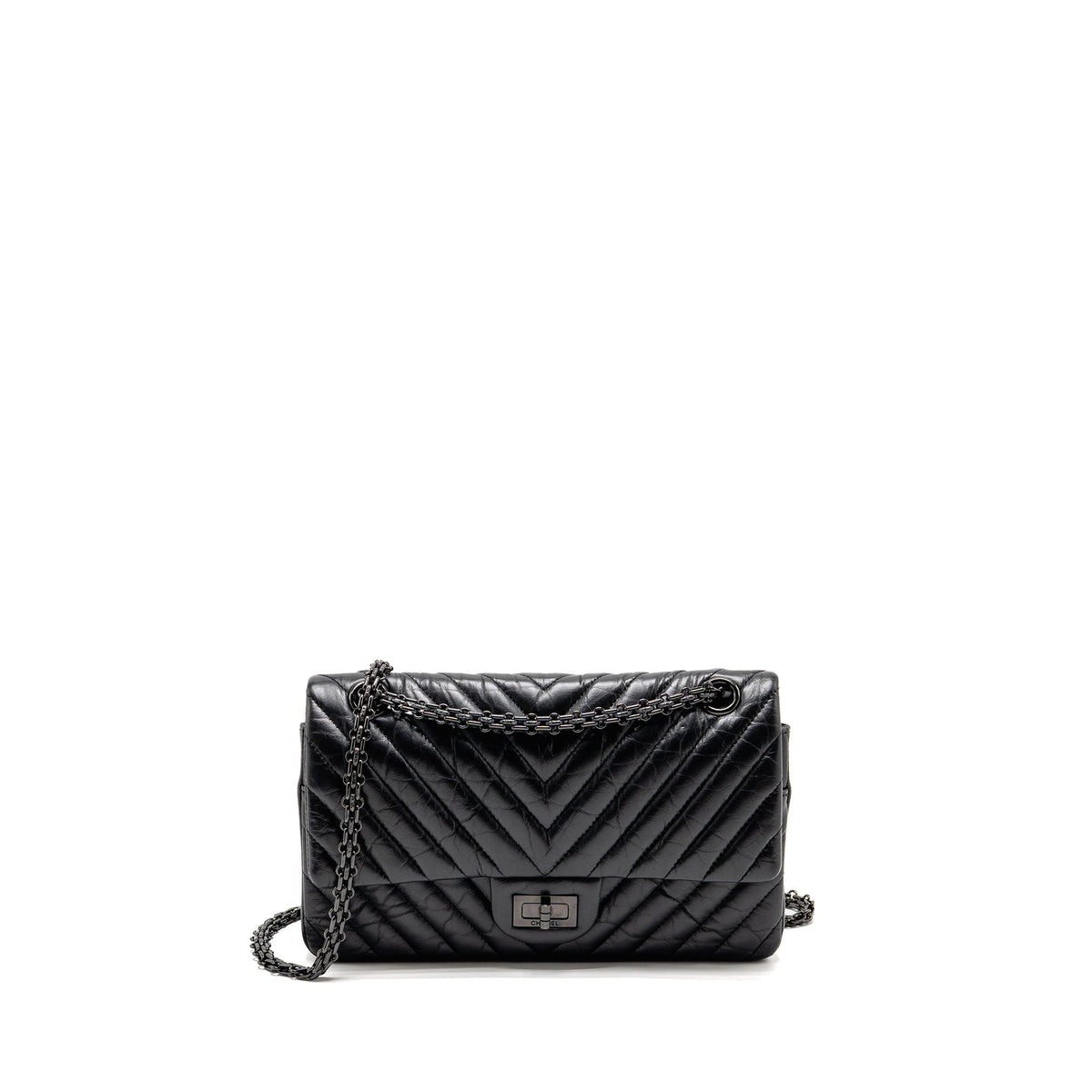 CHANEL SMALL 2.55 REISSUE DOUBLE FLAP BAG CHEVRON AGED CALFSKIN SO BLACK