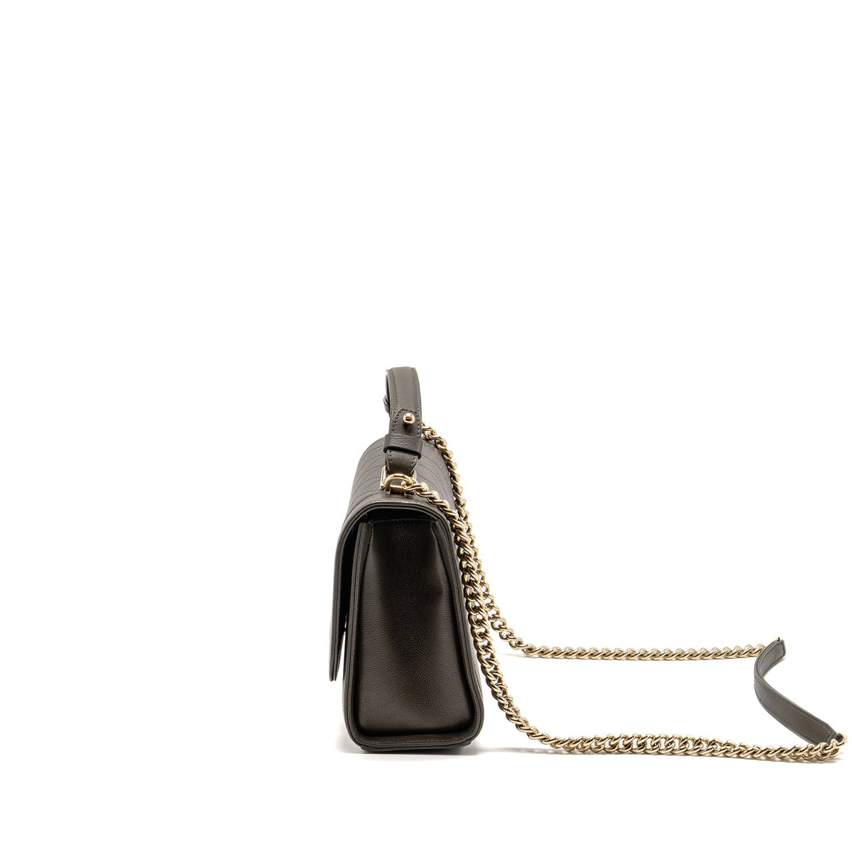 Chanel Top Handle Label Click Flap Bag Grained Calfskin Khaki LGHW