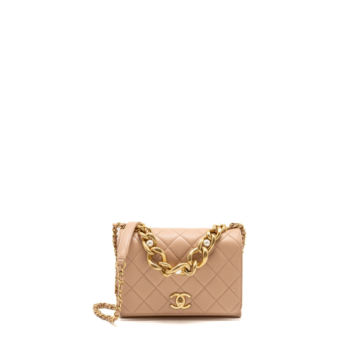 Chanel Pearl Chain Flap Bag Calfskin Beige GHW (Microchip)