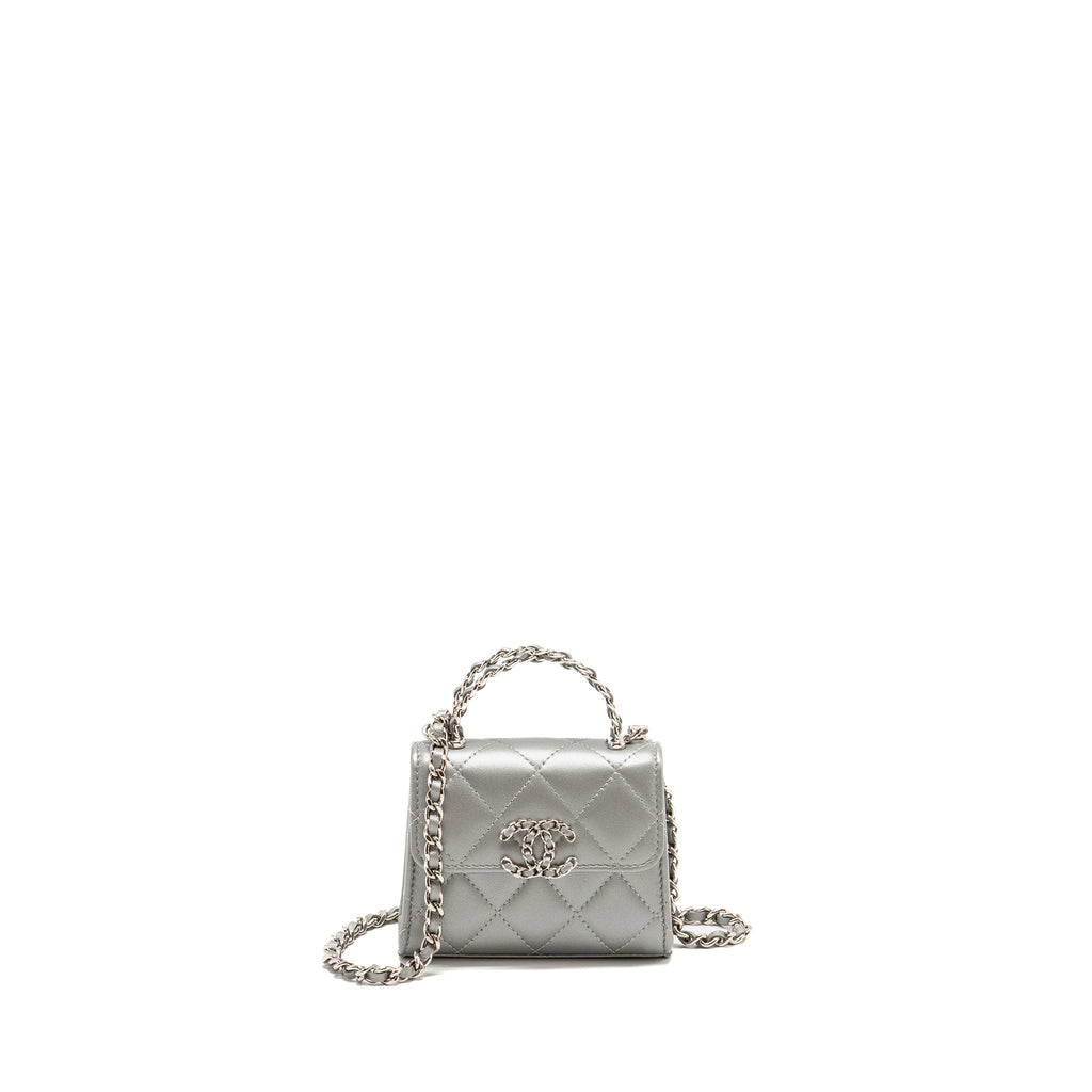 CHANEL TOP HANDLE MINI FLAP BAG WITH CHAIN LAMBSKIN SILVER SHW (MICROCHIP)
