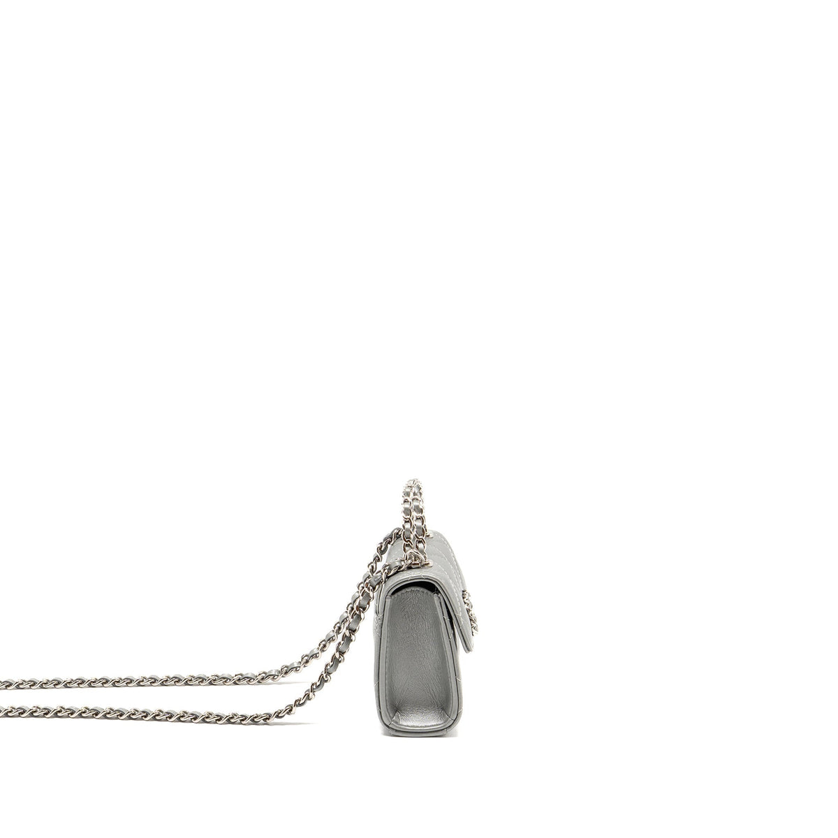 CHANEL TOP HANDLE MINI FLAP BAG WITH CHAIN LAMBSKIN SILVER SHW (MICROCHIP)