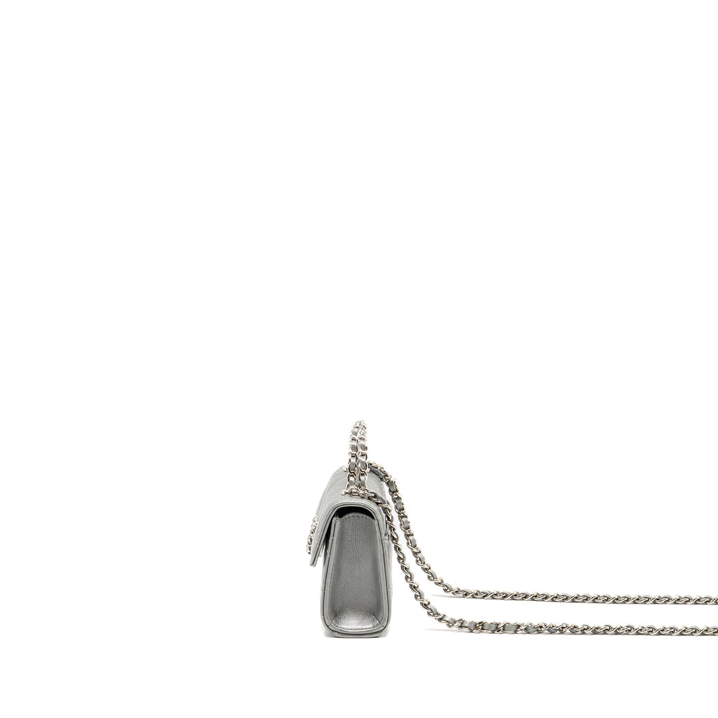 CHANEL TOP HANDLE MINI FLAP BAG WITH CHAIN LAMBSKIN SILVER SHW (MICROCHIP)