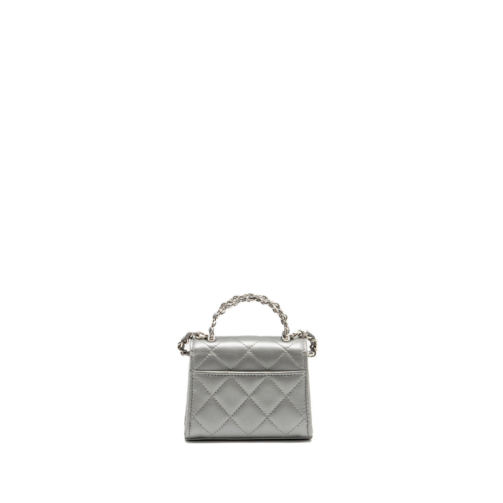 CHANEL TOP HANDLE MINI FLAP BAG WITH CHAIN LAMBSKIN SILVER SHW (MICROCHIP)